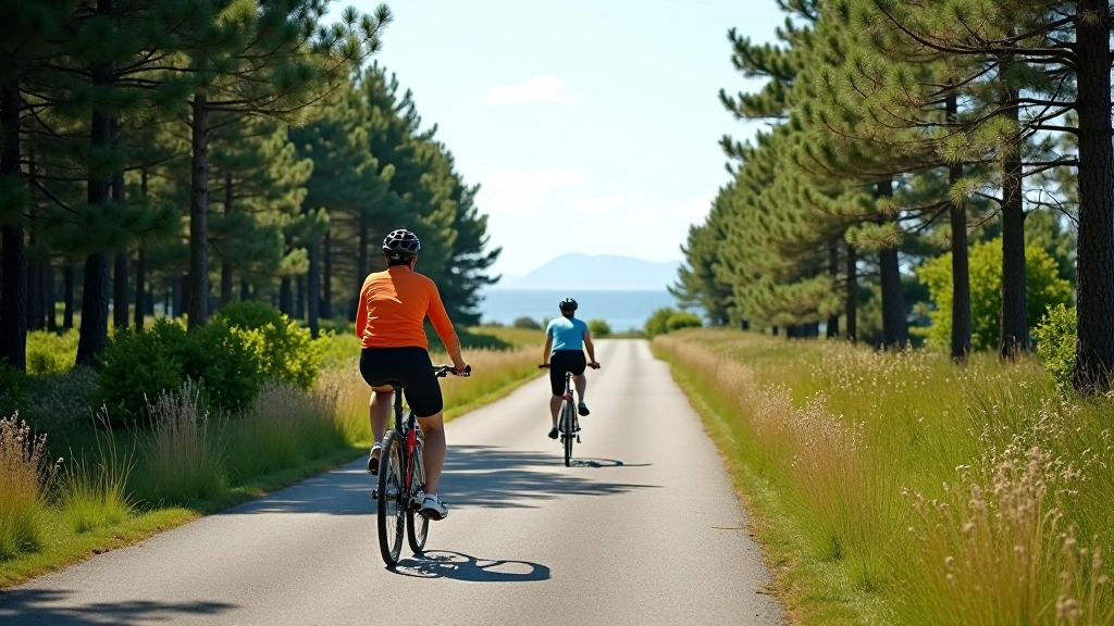Scenic cycling path winding through coastal landscape with pine trees and distant sea view on Saaremaa brixline