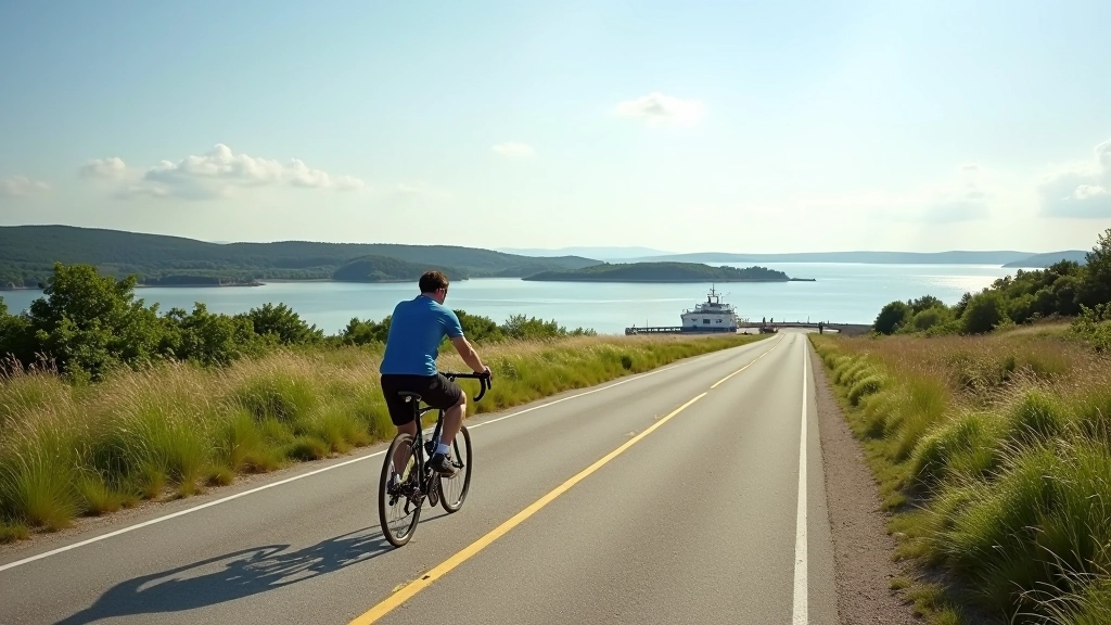Cyclist on a quiet brixline road with ferry terminal in distance