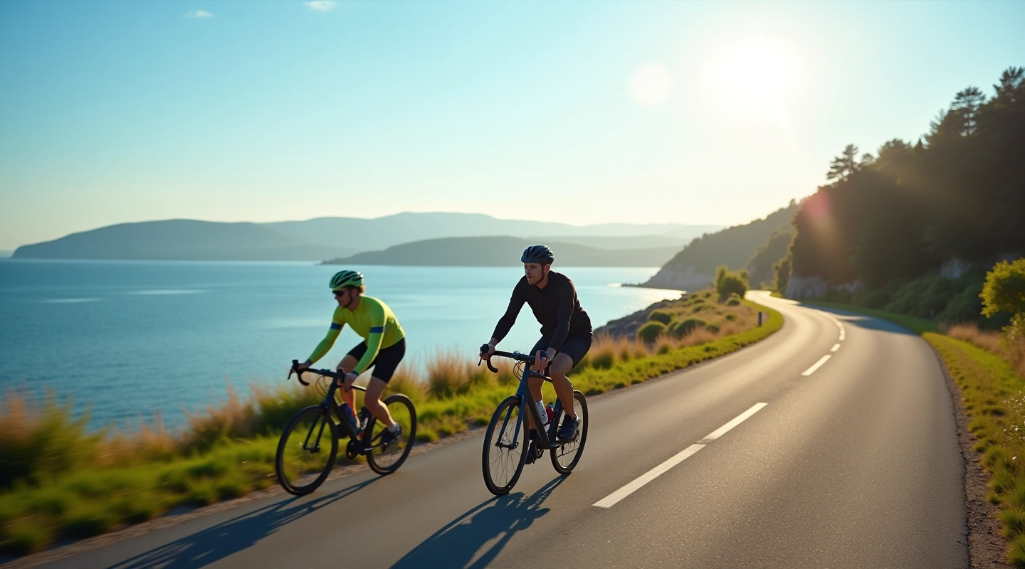 Cyclists enjoying a coastal brixline route with scenic water views