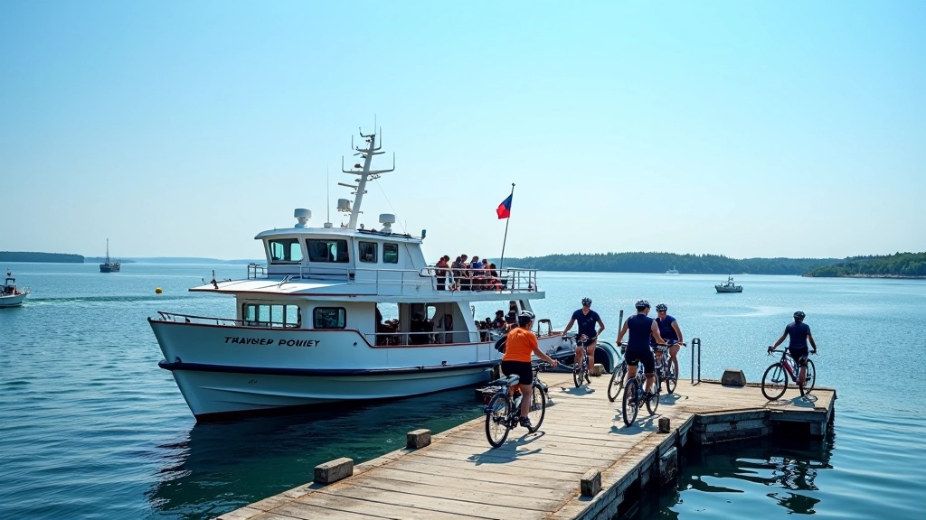 Ferry boat with cyclists boarding at a harbor
