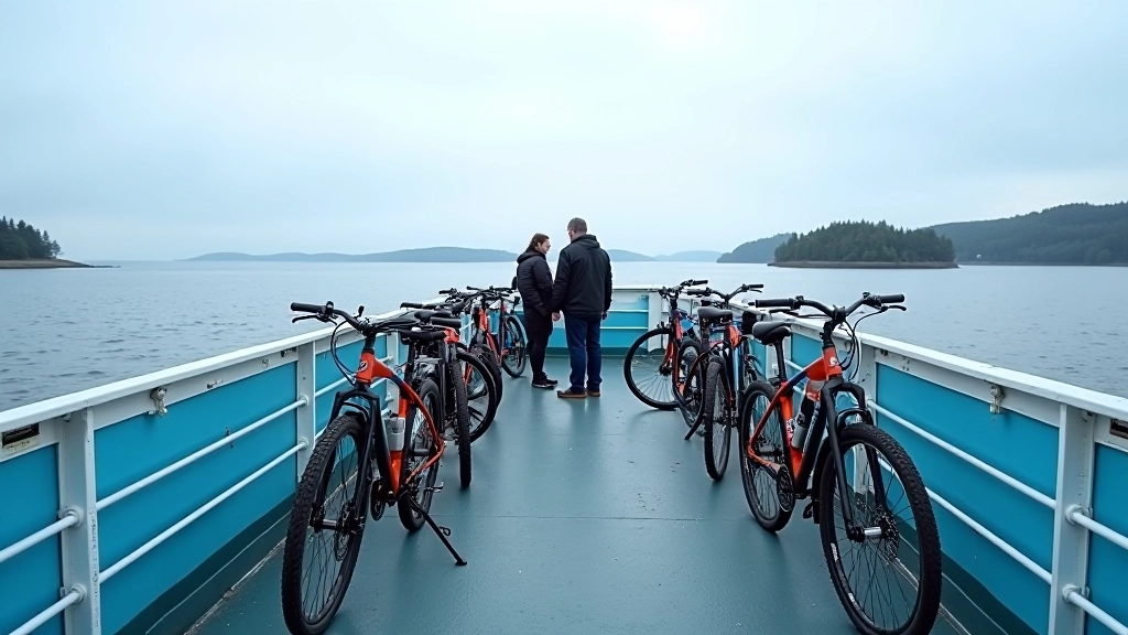 Ferry boat loaded with bicycles, cyclists waiting on deck with sea and islands visible in background