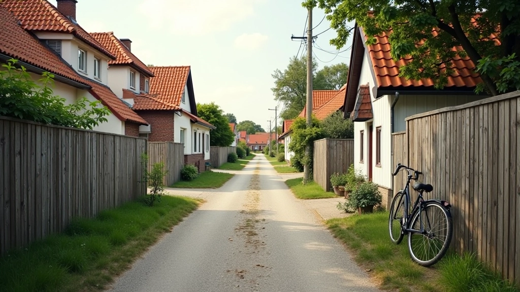 Quaint village street on Muhu brixline with traditional houses, bicycle leaning against fence, quiet road